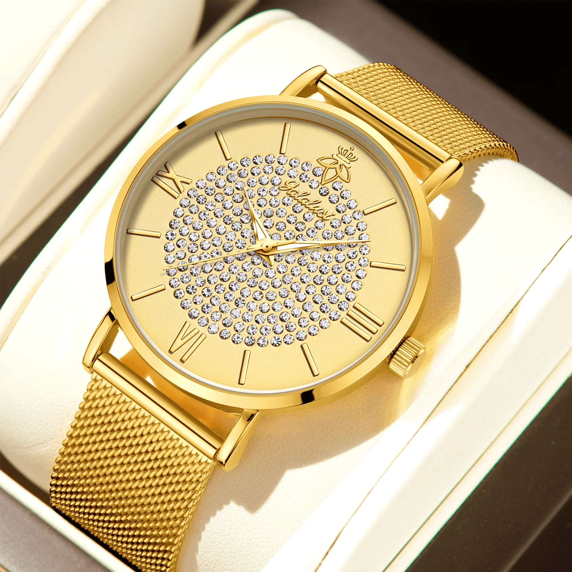 YaLaLuSi Fashionable Diamond-Set Dial Watches for Men and Women; Roman Numeral Mesh Strap Couple’s Watches Reloj
