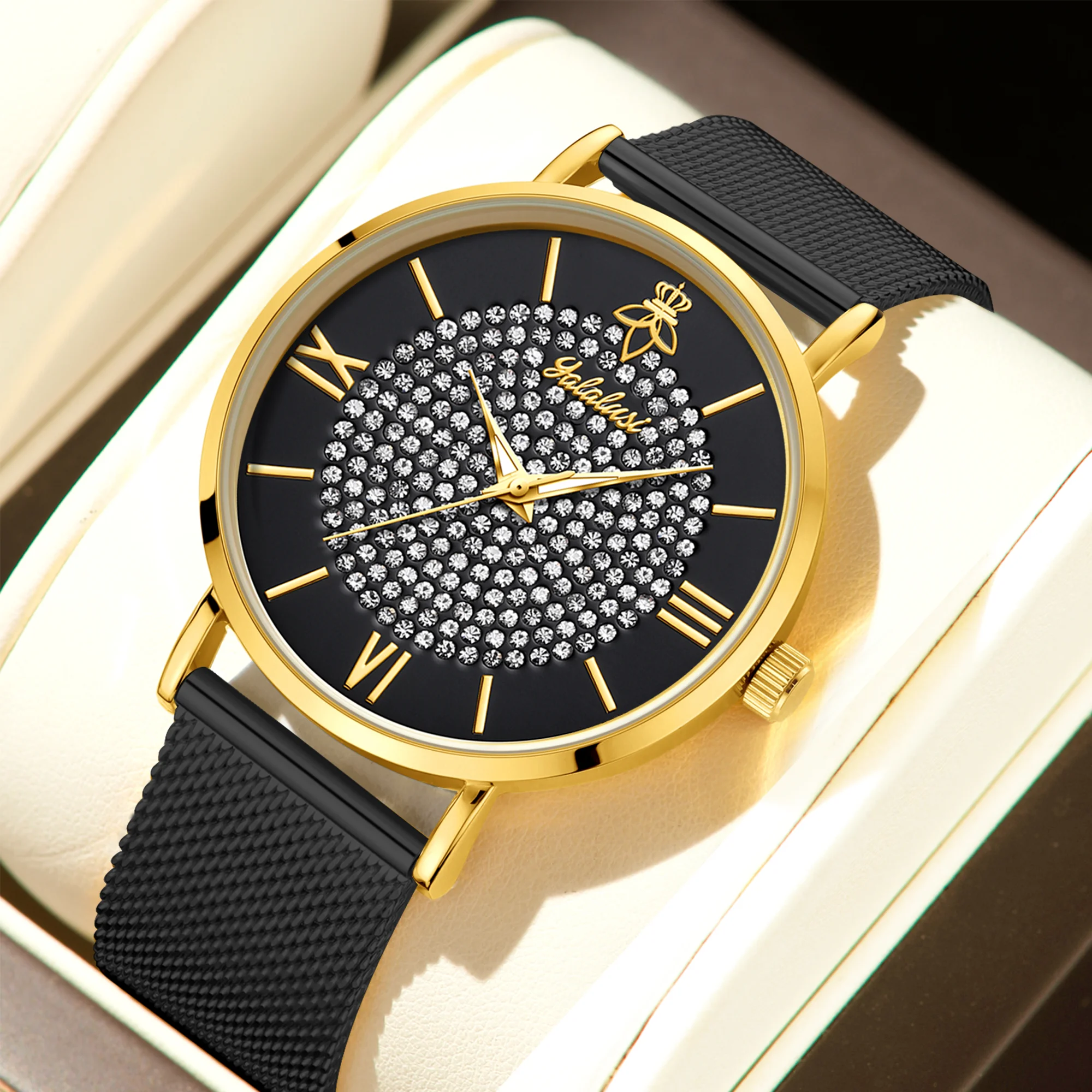 YaLaLuSi Fashionable Diamond-Set Dial Watches for Men and Women; Roman Numeral Mesh Strap Couple’s Watches Reloj