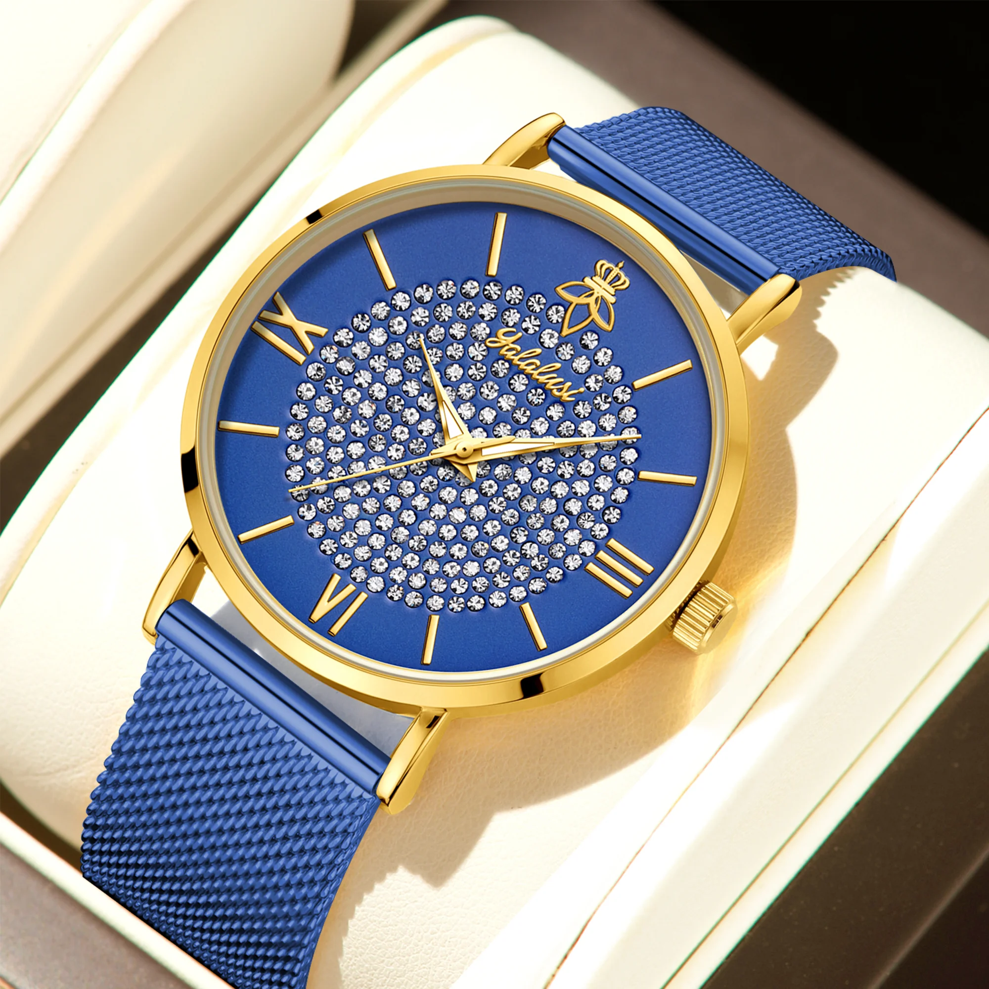 YaLaLuSi Fashionable Diamond-Set Dial Watches for Men and Women; Roman Numeral Mesh Strap Couple’s Watches Reloj