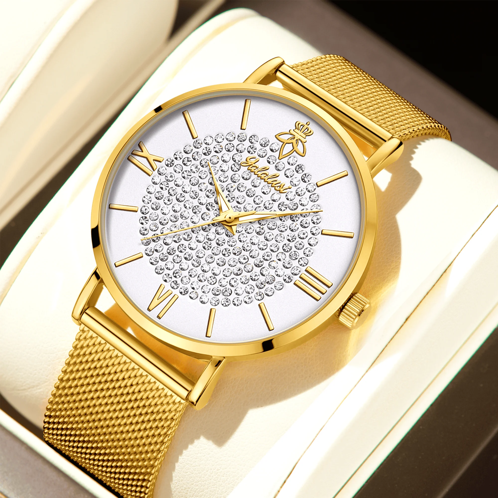 YaLaLuSi Fashionable Diamond-Set Dial Watches for Men and Women; Roman Numeral Mesh Strap Couple’s Watches Reloj