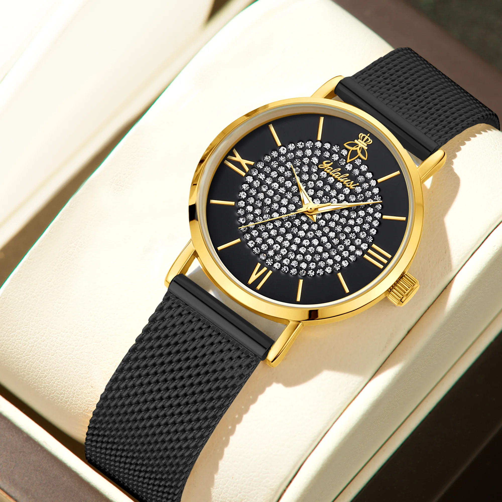 YaLaLuSi Fashionable Diamond-Set Dial Watches for Men and Women; Roman Numeral Mesh Strap Couple’s Watches Reloj