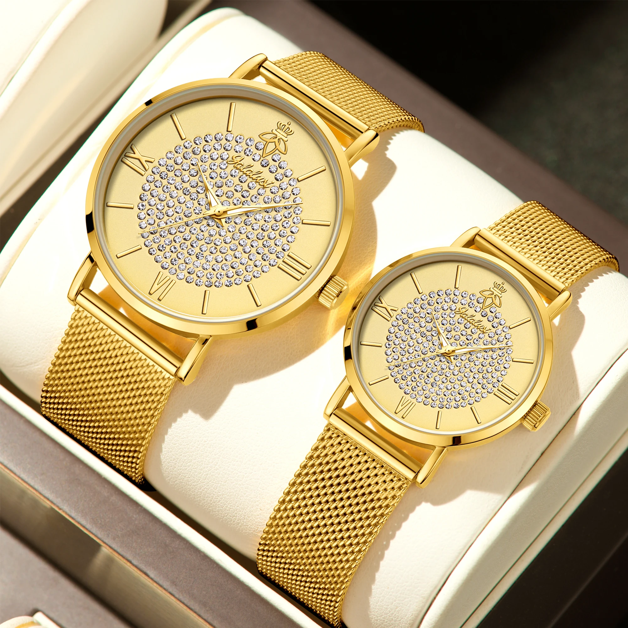 YaLaLuSi Fashionable Diamond-Set Dial Watches for Men and Women; Roman Numeral Mesh Strap Couple’s Watches Reloj