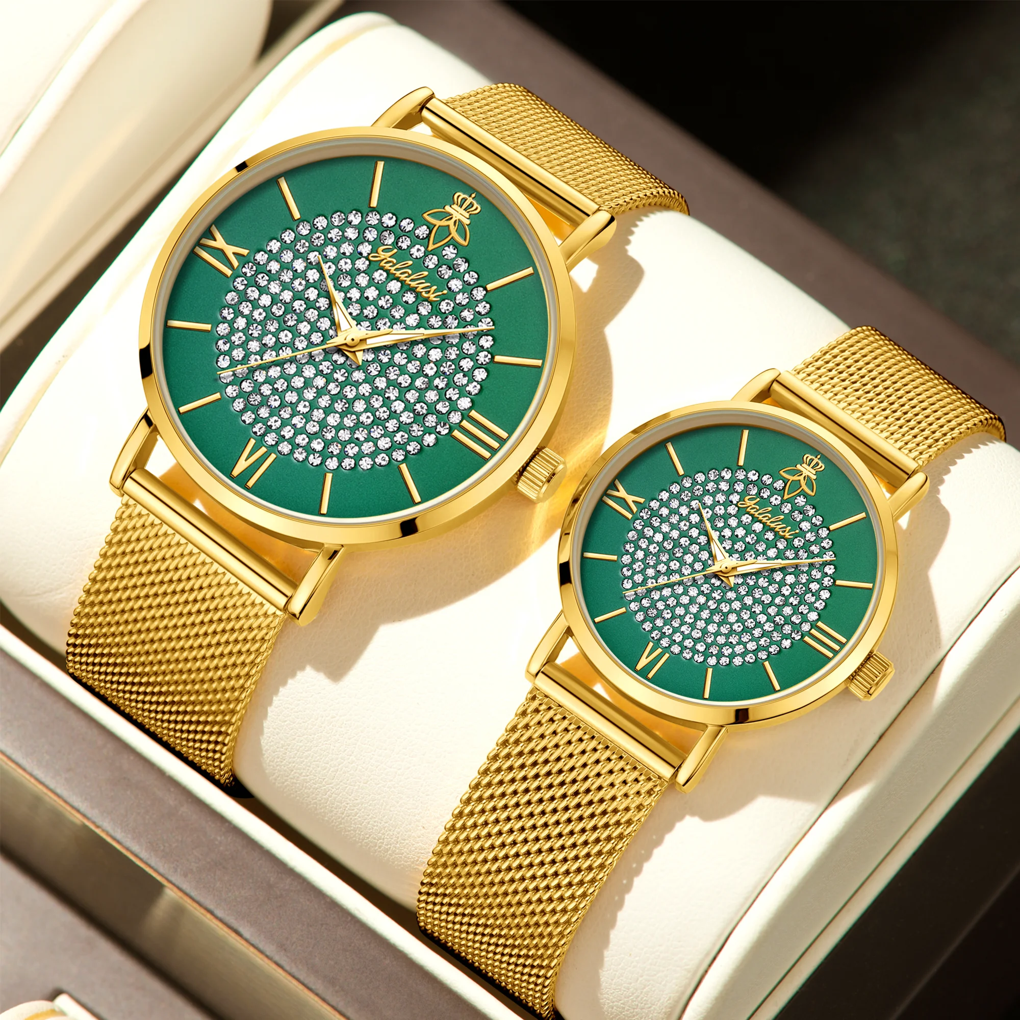 YaLaLuSi Fashionable Diamond-Set Dial Watches for Men and Women; Roman Numeral Mesh Strap Couple’s Watches Reloj