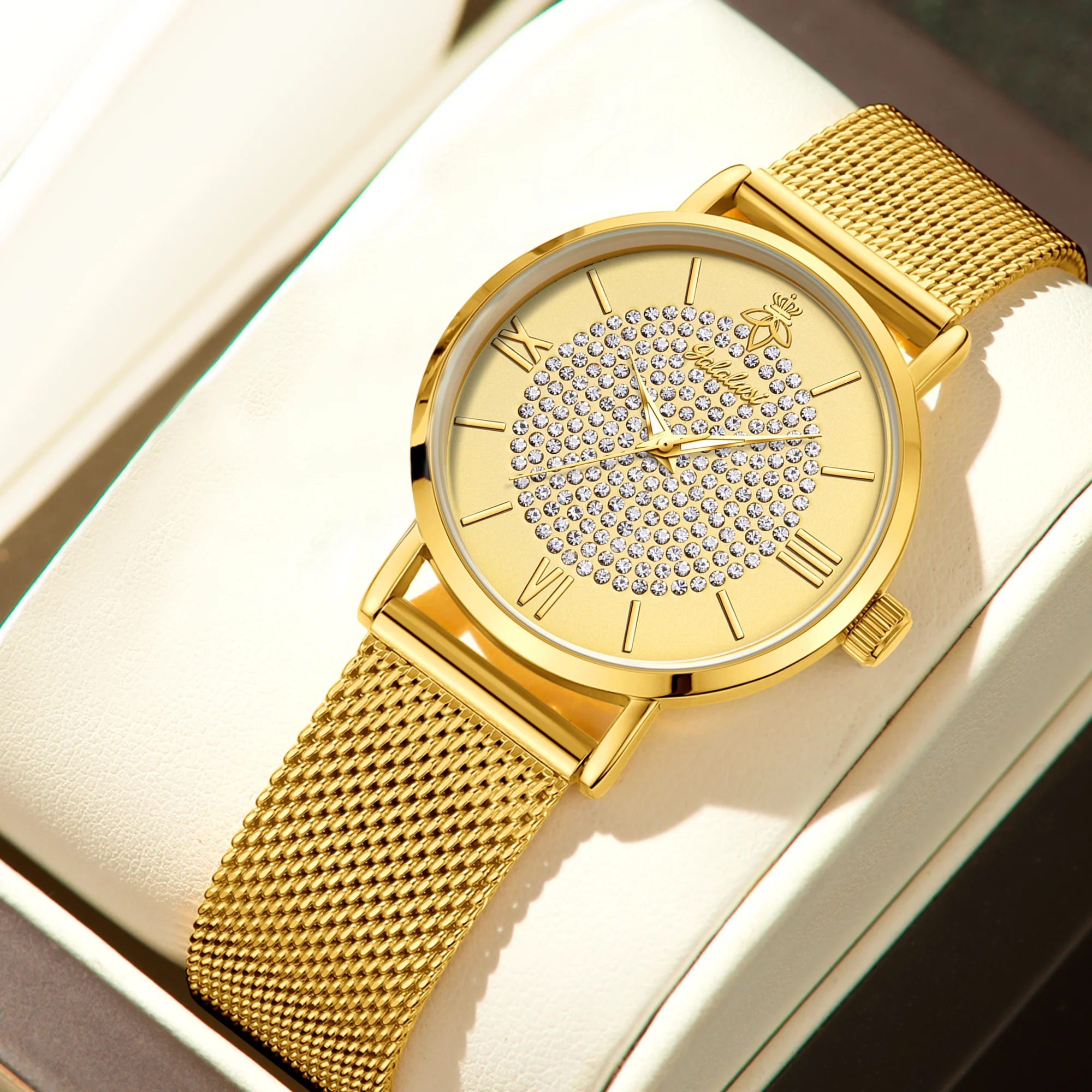 YaLaLuSi Fashionable Diamond-Set Dial Watches for Men and Women; Roman Numeral Mesh Strap Couple’s Watches Reloj