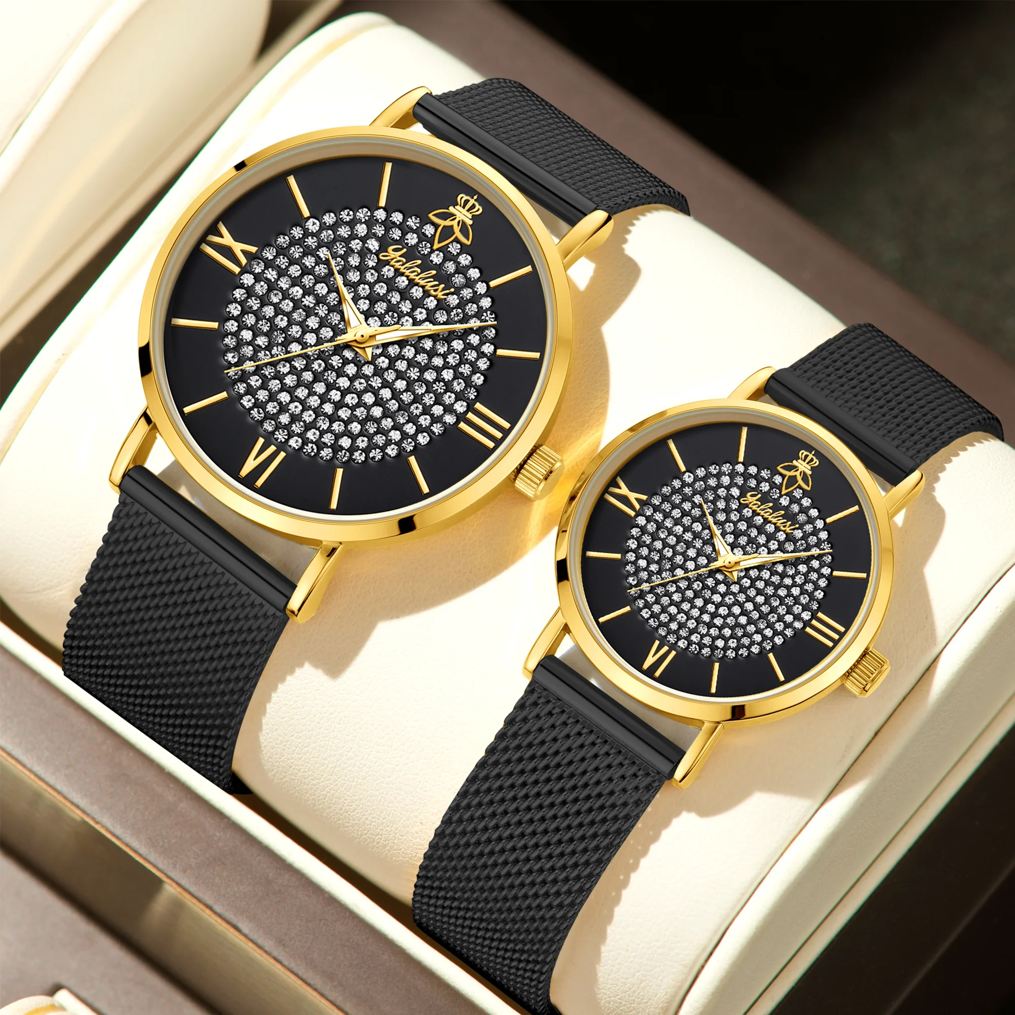 YaLaLuSi Fashionable Diamond-Set Dial Watches for Men and Women; Roman Numeral Mesh Strap Couple’s Watches Reloj