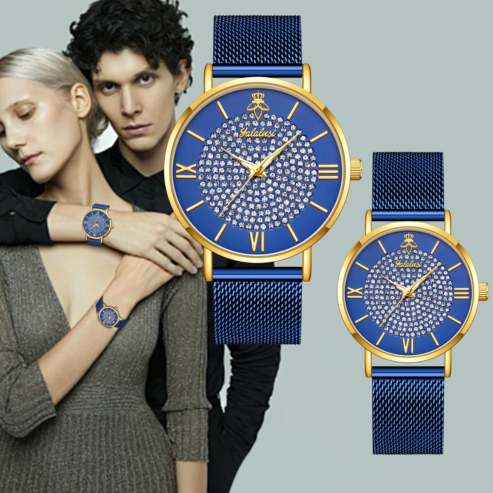 YaLaLuSi Fashionable Diamond-Set Dial Watches for Men and Women; Roman Numeral Mesh Strap Couple’s Watches Reloj