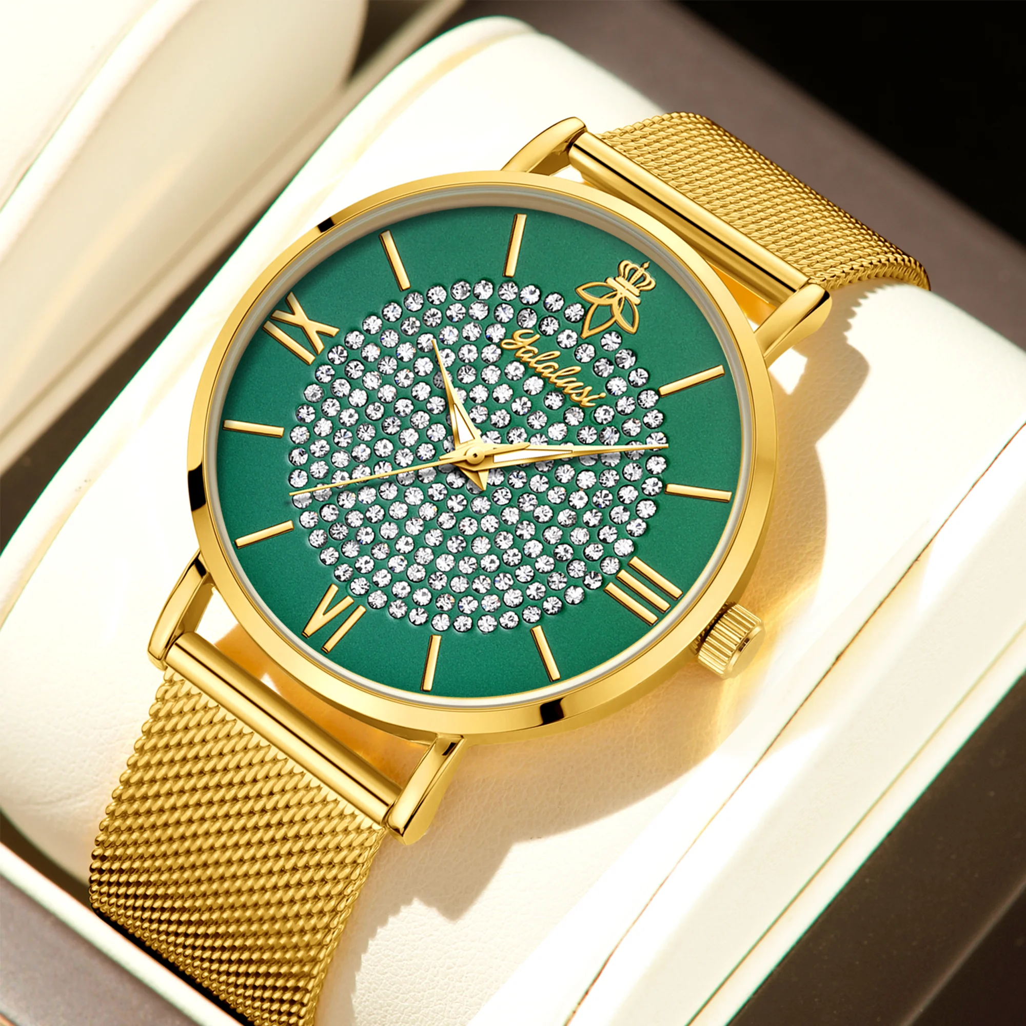YaLaLuSi Fashionable Diamond-Set Dial Watches for Men and Women; Roman Numeral Mesh Strap Couple’s Watches Reloj