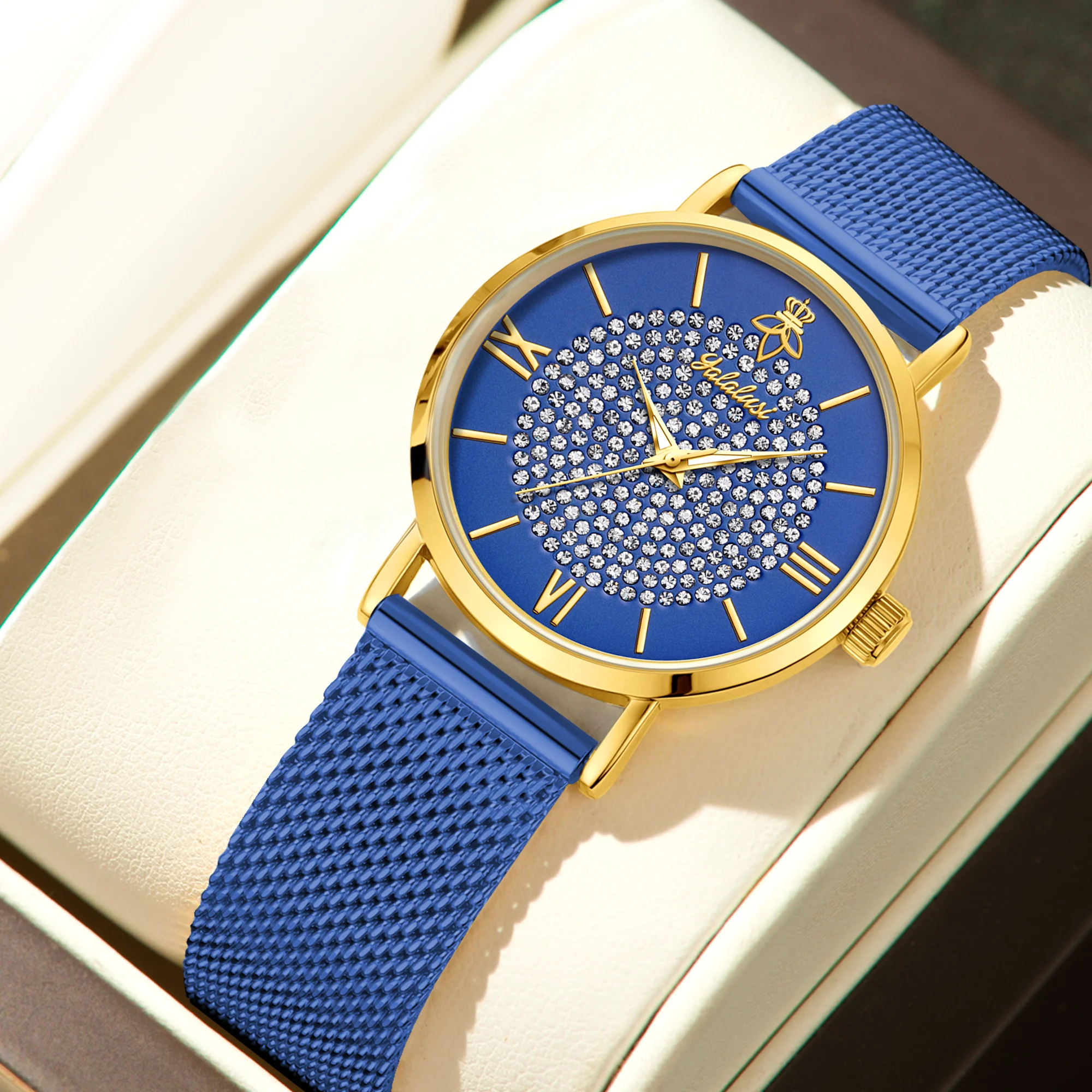 YaLaLuSi Fashionable Diamond-Set Dial Watches for Men and Women; Roman Numeral Mesh Strap Couple’s Watches Reloj