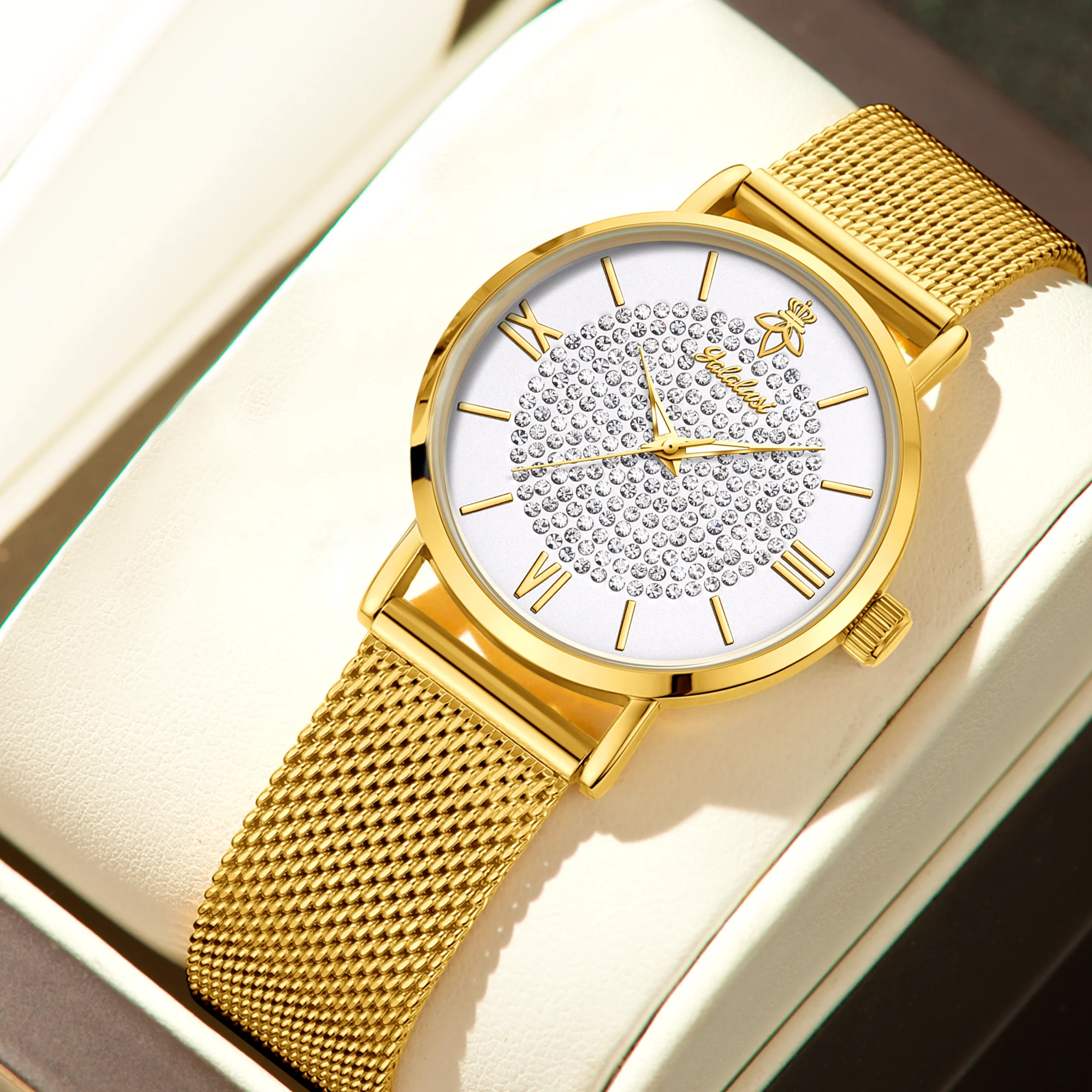 YaLaLuSi Fashionable Diamond-Set Dial Watches for Men and Women; Roman Numeral Mesh Strap Couple’s Watches Reloj