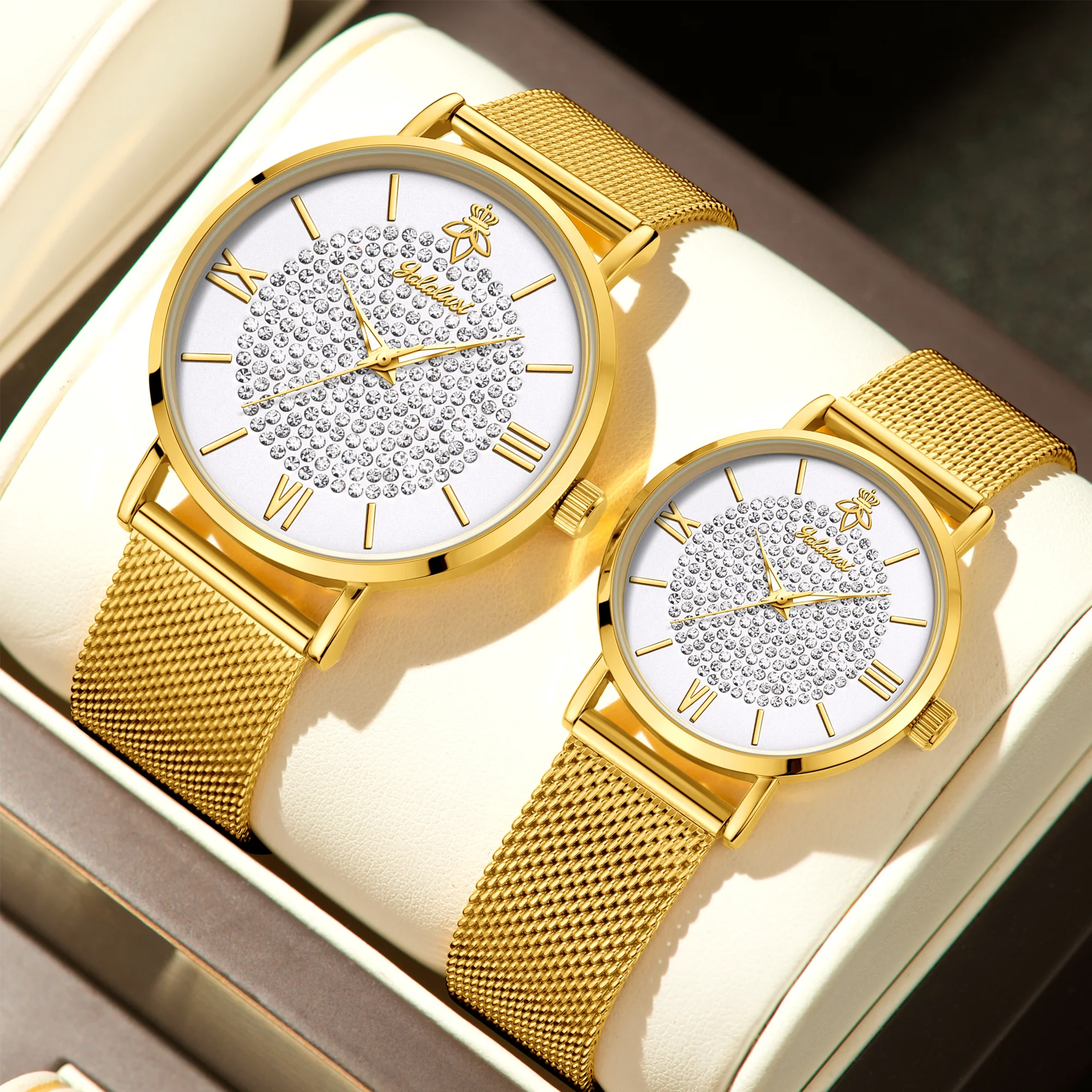 YaLaLuSi Fashionable Diamond-Set Dial Watches for Men and Women; Roman Numeral Mesh Strap Couple’s Watches Reloj