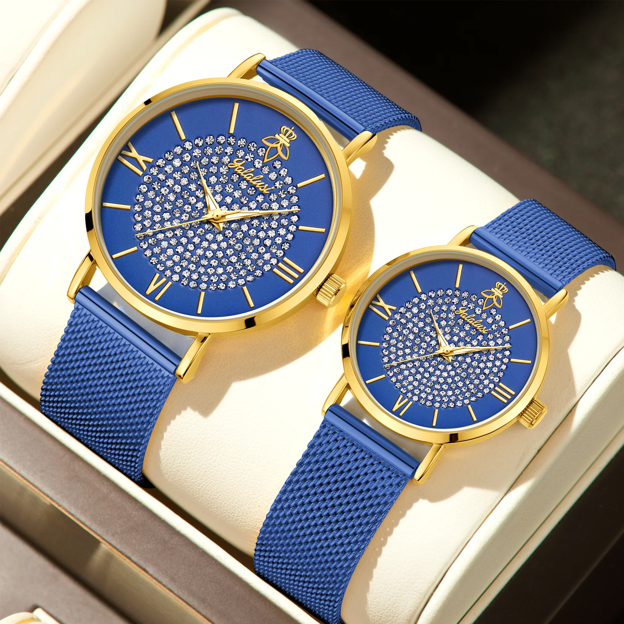 YaLaLuSi Fashionable Diamond-Set Dial Watches for Men and Women; Roman Numeral Mesh Strap Couple’s Watches Reloj