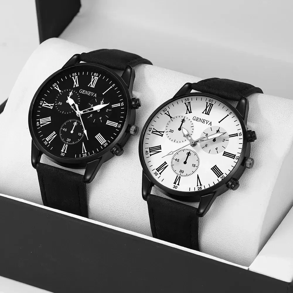 2PCS Men's three eyed business casual trendy belt quartz watch high-end atmospheric watch large dial