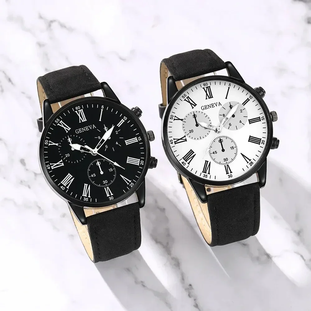2PCS Men's three eyed business casual trendy belt quartz watch high-end atmospheric watch large dial