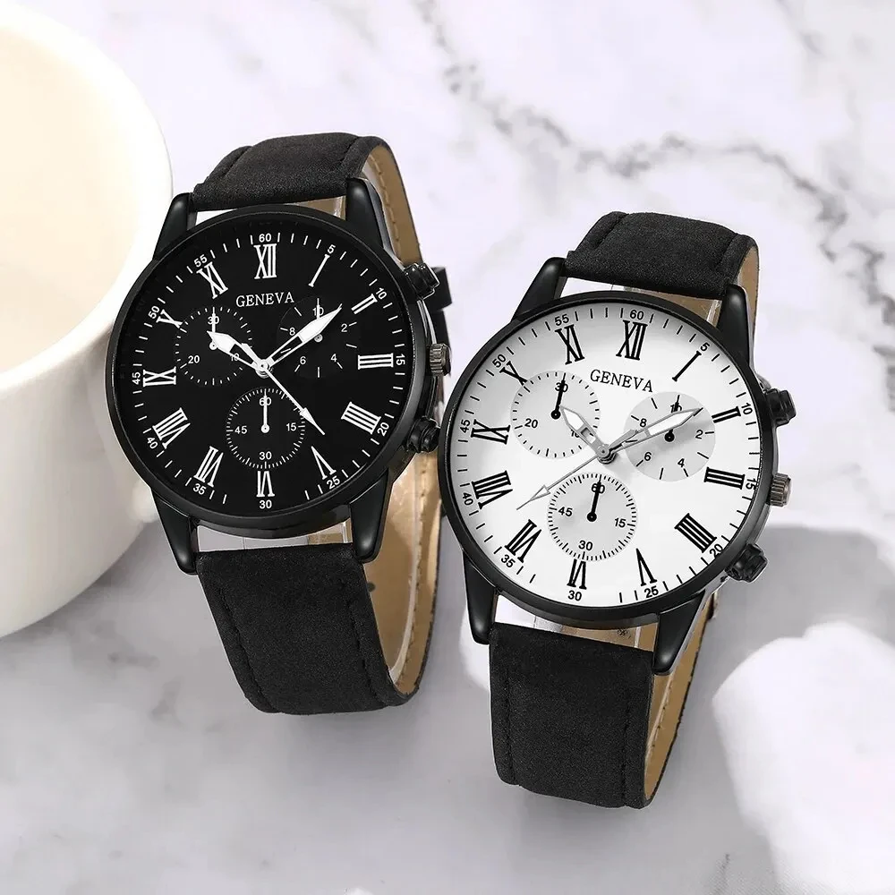 2PCS Men's three eyed business casual trendy belt quartz watch high-end atmospheric watch large dial