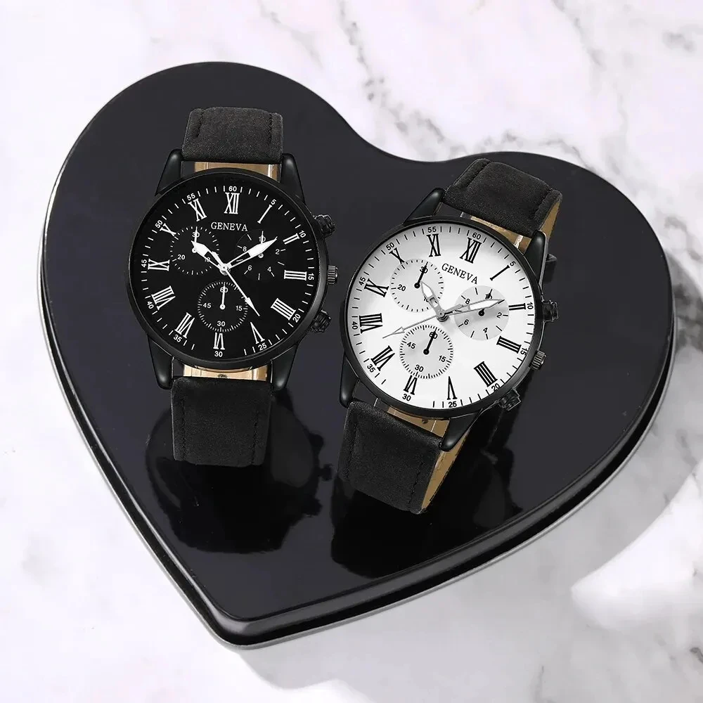 2PCS Men's three eyed business casual trendy belt quartz watch high-end atmospheric watch large dial