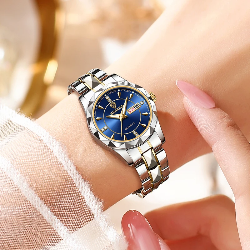 BINBOND Fashion Couple Watches Waterproof Diamond Valentine Day Lover Gift Stainless Steel Watch Men Women Quartz Watch 2pcs