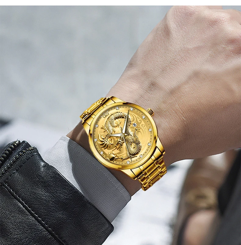 X-GEAR Top Luxury Fashion Ultra-Thin Men Watch Quartz Dragon Pattern Luminous Gold Color Stainless Steel Band Classics Men Watch