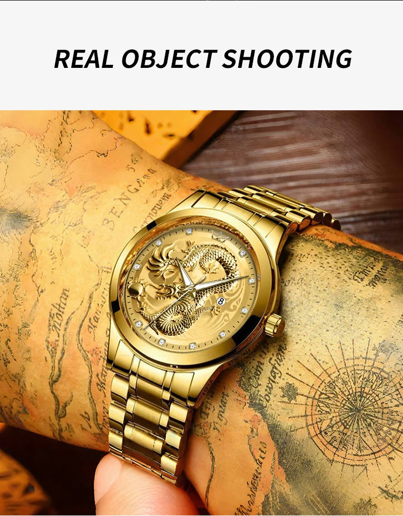 X-GEAR Top Luxury Fashion Ultra-Thin Men Watch Quartz Dragon Pattern Luminous Gold Color Stainless Steel Band Classics Men Watch