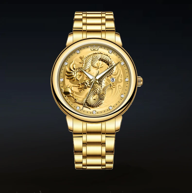 X-GEAR Top Luxury Fashion Ultra-Thin Men Watch Quartz Dragon Pattern Luminous Gold Color Stainless Steel Band Classics Men Watch