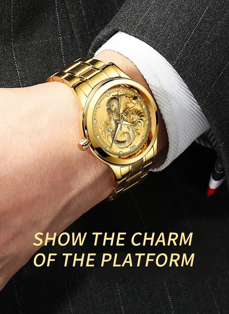 X-GEAR Top Luxury Fashion Ultra-Thin Men Watch Quartz Dragon Pattern Luminous Gold Color Stainless Steel Band Classics Men Watch