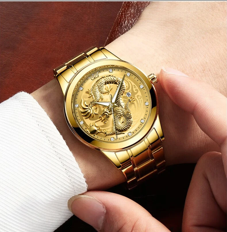X-GEAR Top Luxury Fashion Ultra-Thin Men Watch Quartz Dragon Pattern Luminous Gold Color Stainless Steel Band Classics Men Watch