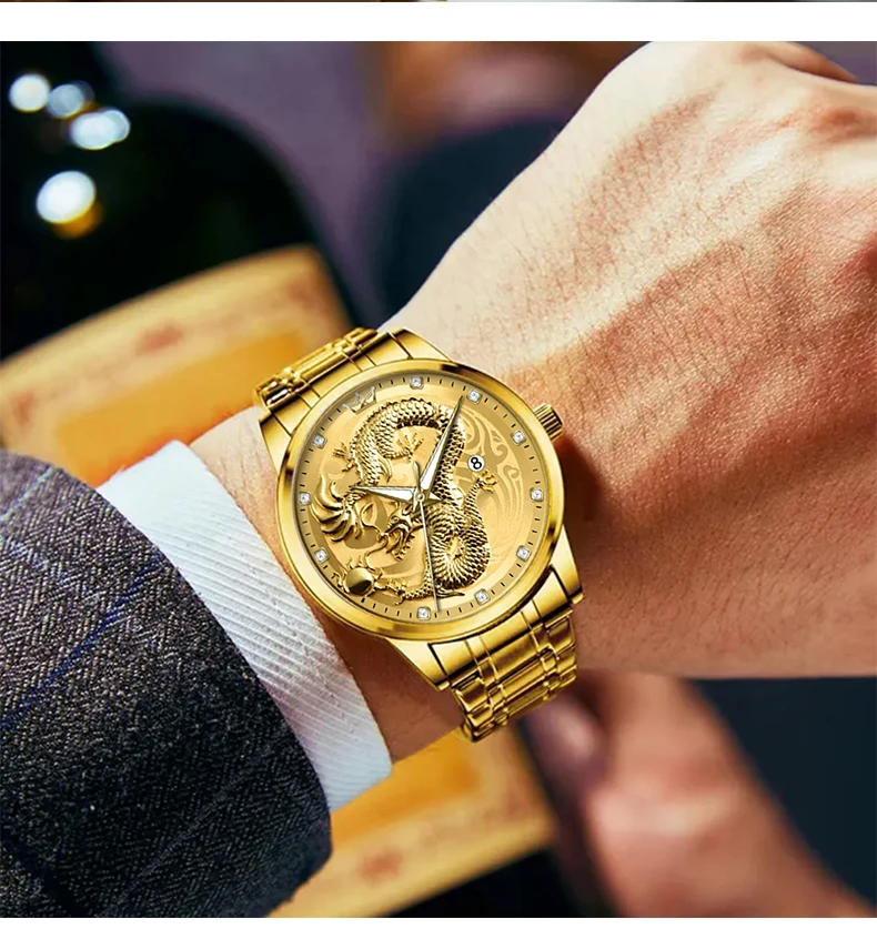 X-GEAR Top Luxury Fashion Ultra-Thin Men Watch Quartz Dragon Pattern Luminous Gold Color Stainless Steel Band Classics Men Watch