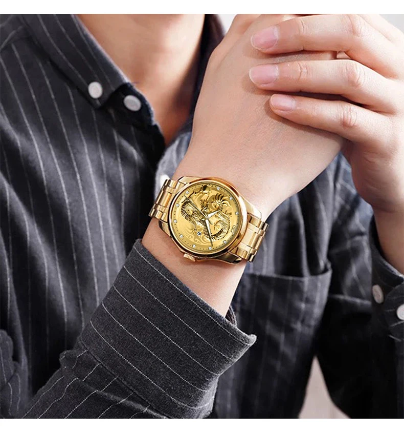 X-GEAR Top Luxury Fashion Ultra-Thin Men Watch Quartz Dragon Pattern Luminous Gold Color Stainless Steel Band Classics Men Watch