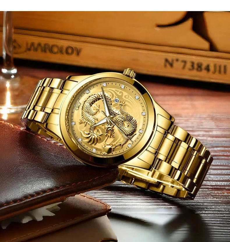 X-GEAR Top Luxury Fashion Ultra-Thin Men Watch Quartz Dragon Pattern Luminous Gold Color Stainless Steel Band Classics Men Watch