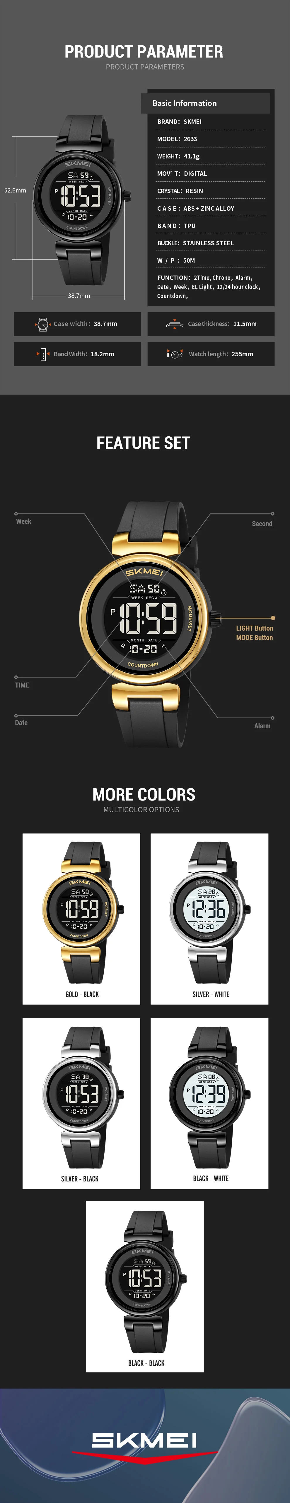 SKMEI 2633 Sports Digital Watches For Men Women 5Bar Waterproof Fashion Wristwatches EL Light Week Date Display Countdown Chrono