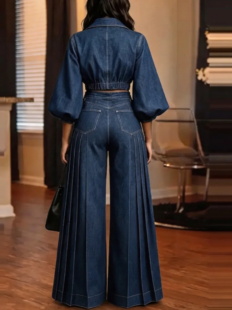 SHENGPALAE Women Suit Two Piece Denim Outfit Cropped Top Pleated Wide Leg Pants Puff Sleeve Vintage Streetwear Autumn 2026 New