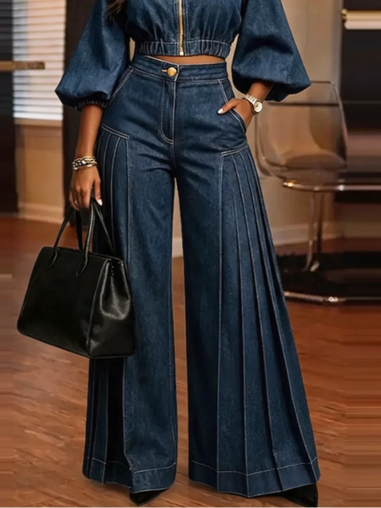 SHENGPALAE Women Suit Two Piece Denim Outfit Cropped Top Pleated Wide Leg Pants Puff Sleeve Vintage Streetwear Autumn 2026 New