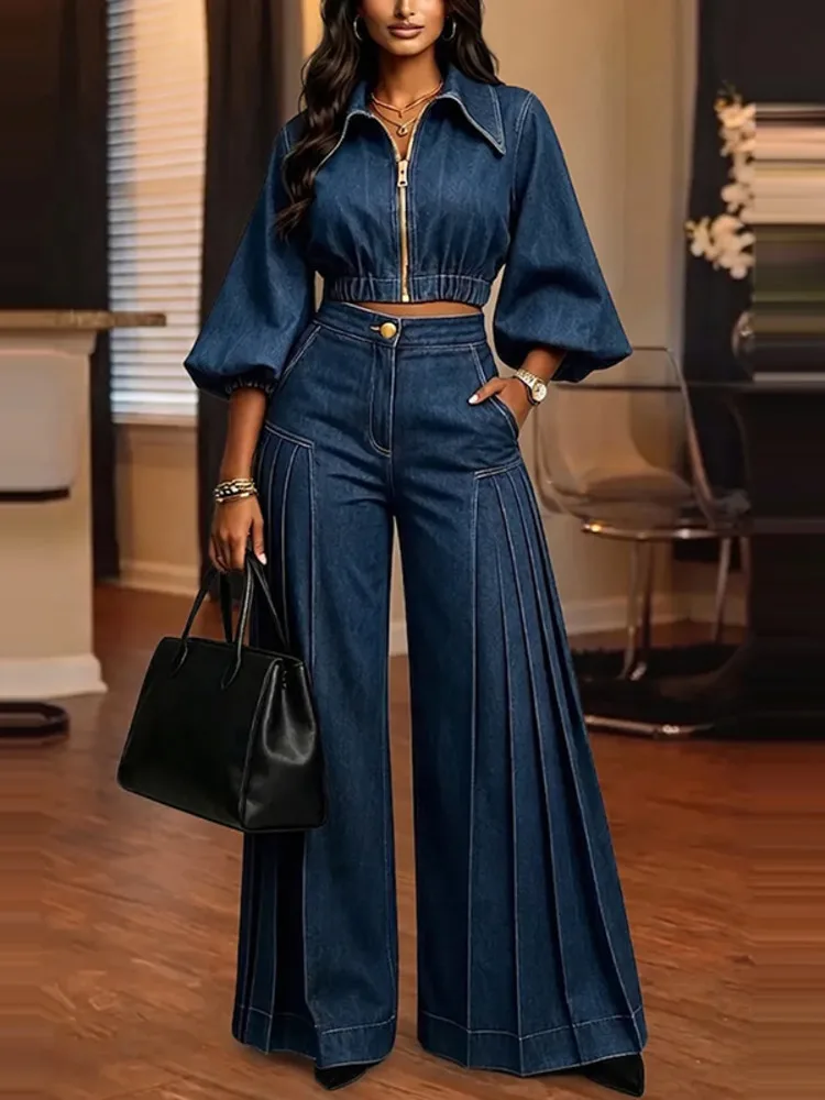 SHENGPALAE Women Suit Two Piece Denim Outfit Cropped Top Pleated Wide Leg Pants Puff Sleeve Vintage Streetwear Autumn 2026 New
