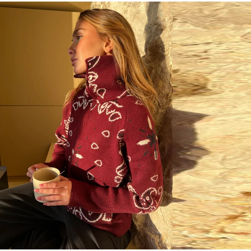 2026 Spring New Paisley Floral Print Knitted Cardigan Jacket Women Chic Long Sleeve Zipper Sweater Lady Casual Street Outerwear