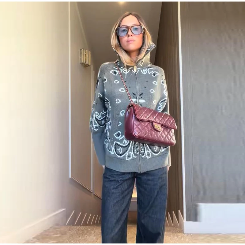 2026 Spring New Paisley Floral Print Knitted Cardigan Jacket Women Chic Long Sleeve Zipper Sweater Lady Casual Street Outerwear
