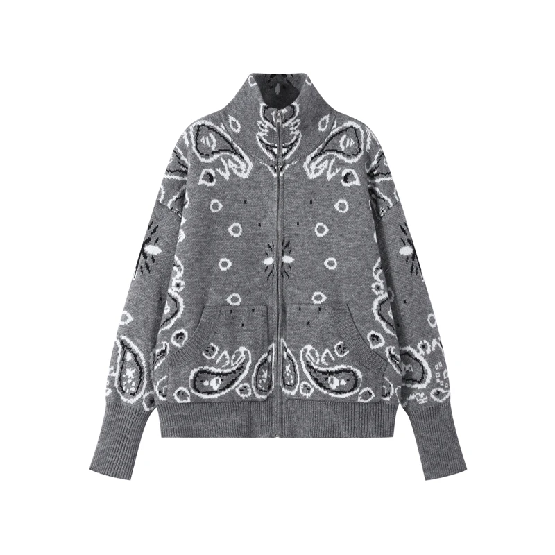 2026 Spring New Paisley Floral Print Knitted Cardigan Jacket Women Chic Long Sleeve Zipper Sweater Lady Casual Street Outerwear
