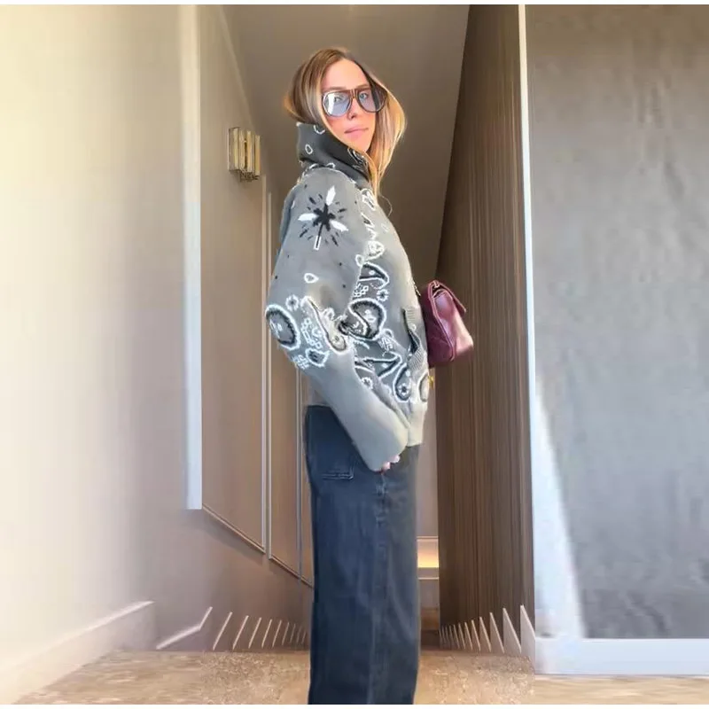 2026 Spring New Paisley Floral Print Knitted Cardigan Jacket Women Chic Long Sleeve Zipper Sweater Lady Casual Street Outerwear