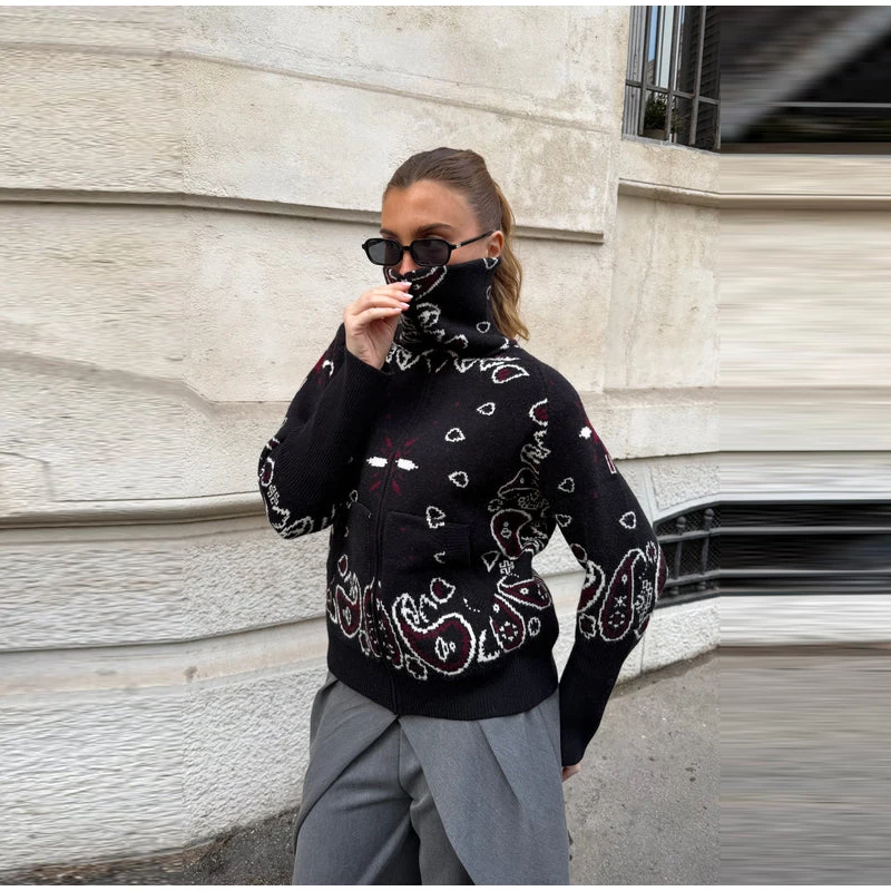 2026 Spring New Paisley Floral Print Knitted Cardigan Jacket Women Chic Long Sleeve Zipper Sweater Lady Casual Street Outerwear