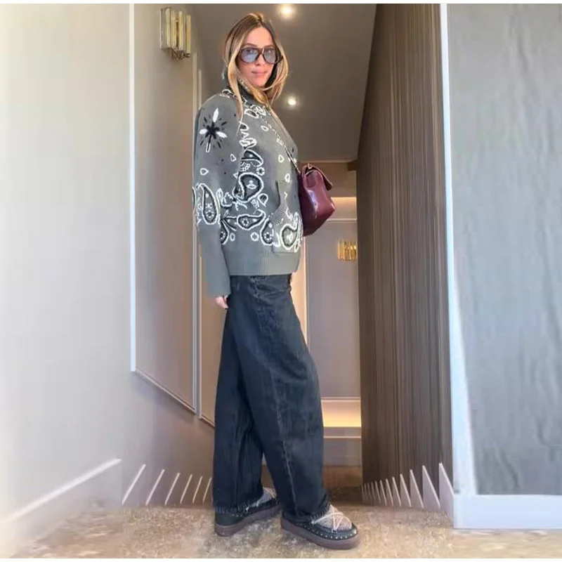 2026 Spring New Paisley Floral Print Knitted Cardigan Jacket Women Chic Long Sleeve Zipper Sweater Lady Casual Street Outerwear
