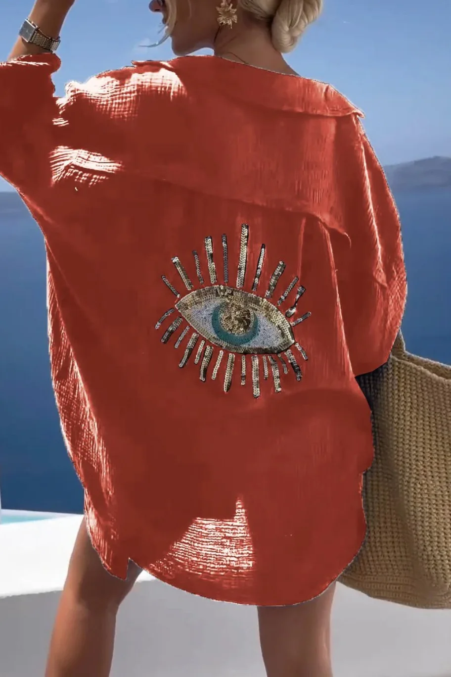 Evil Eye Casual Shirt Women's Fashion Beach Style Loose Button Sunscreen Cotton Linen Shirt Dress Summer Casual Women Top