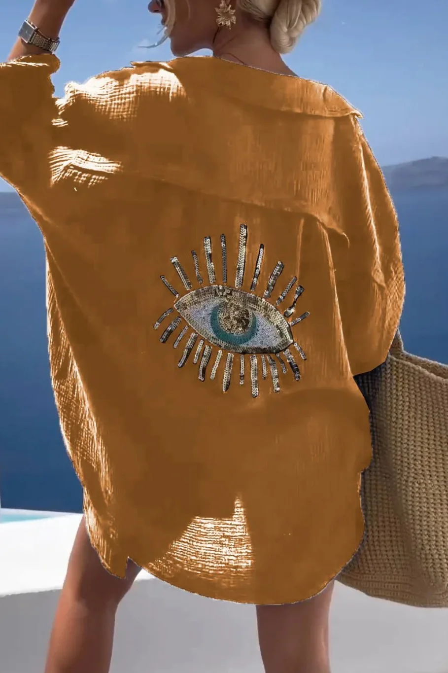 Evil Eye Casual Shirt Women's Fashion Beach Style Loose Button Sunscreen Cotton Linen Shirt Dress Summer Casual Women Top