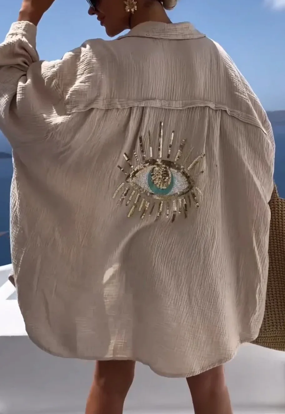 Evil Eye Casual Shirt Women's Fashion Beach Style Loose Button Sunscreen Cotton Linen Shirt Dress Summer Casual Women Top