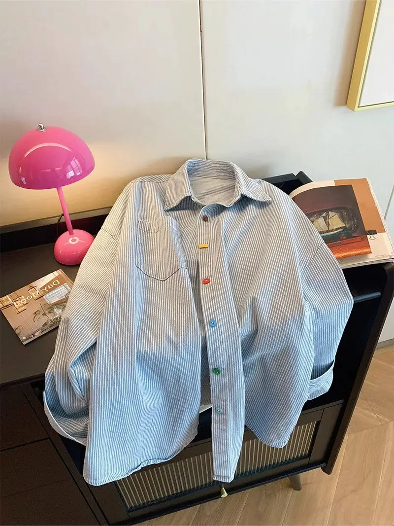 Vintage Denim Striped Oversized Shirt Beautiful Women's Blouses in Promotions Collared Shirt for Women's Spring Long Sleeved Top