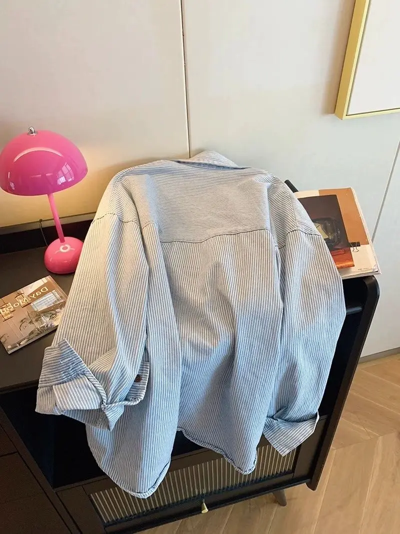 Vintage Denim Striped Oversized Shirt Beautiful Women's Blouses in Promotions Collared Shirt for Women's Spring Long Sleeved Top
