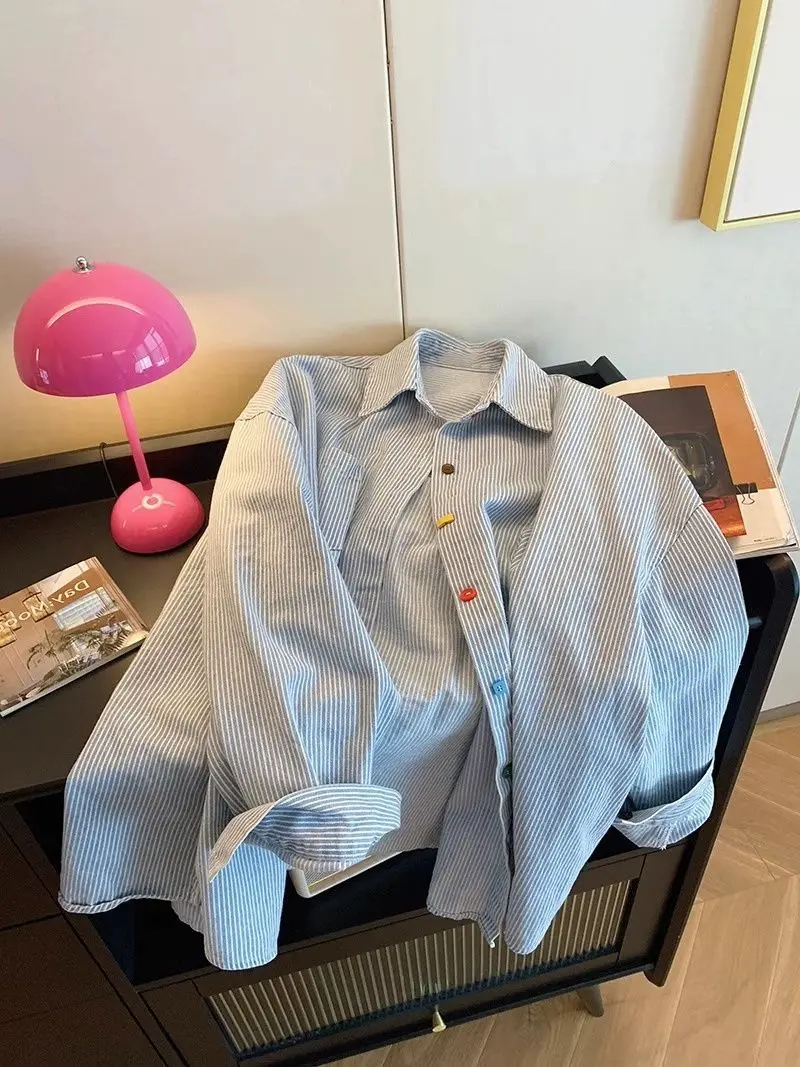 Vintage Denim Striped Oversized Shirt Beautiful Women's Blouses in Promotions Collared Shirt for Women's Spring Long Sleeved Top