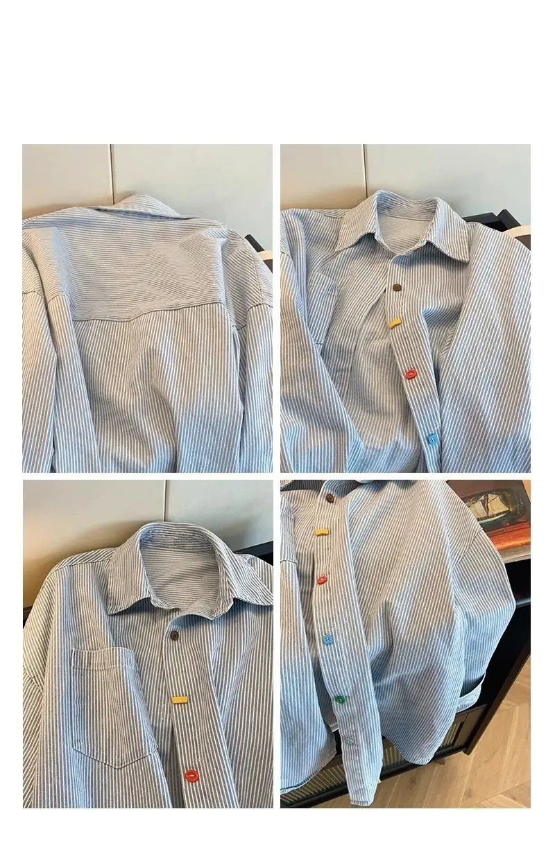 Vintage Denim Striped Oversized Shirt Beautiful Women's Blouses in Promotions Collared Shirt for Women's Spring Long Sleeved Top