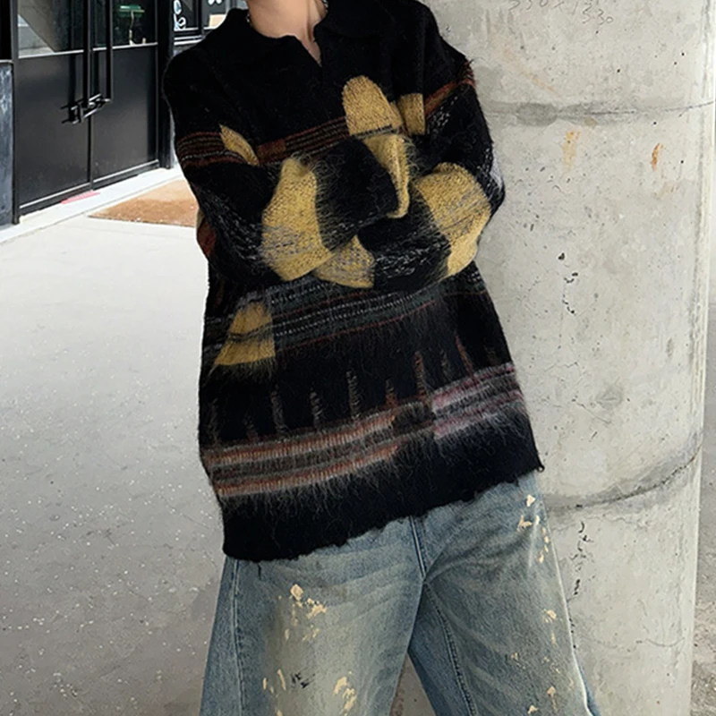 Stylish Mens Contrast Color Sweaters Autumn Winter Outdoor Casual Long Sleeve Lapel Knit Jumpers Men Vintage Knitited Polo Shirt