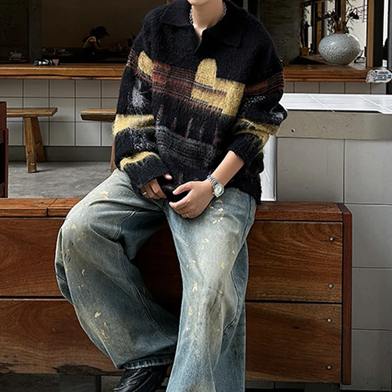 Stylish Mens Contrast Color Sweaters Autumn Winter Outdoor Casual Long Sleeve Lapel Knit Jumpers Men Vintage Knitited Polo Shirt
