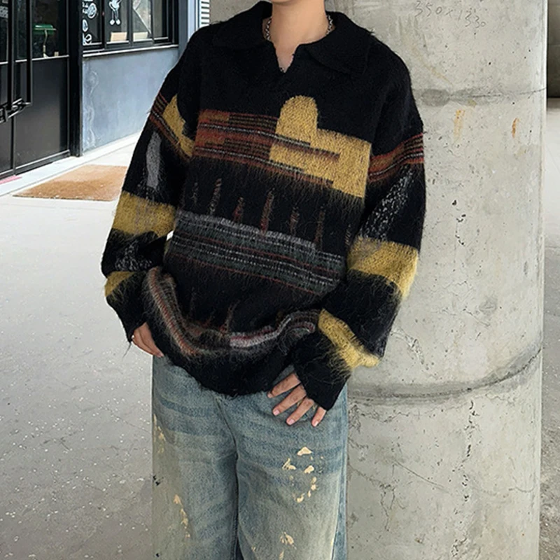 Stylish Mens Contrast Color Sweaters Autumn Winter Outdoor Casual Long Sleeve Lapel Knit Jumpers Men Vintage Knitited Polo Shirt