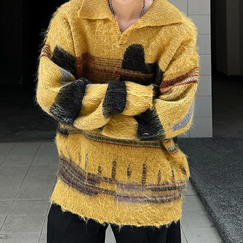 Stylish Mens Contrast Color Sweaters Autumn Winter Outdoor Casual Long Sleeve Lapel Knit Jumpers Men Vintage Knitited Polo Shirt