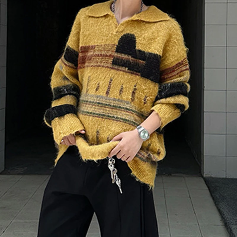 Stylish Mens Contrast Color Sweaters Autumn Winter Outdoor Casual Long Sleeve Lapel Knit Jumpers Men Vintage Knitited Polo Shirt